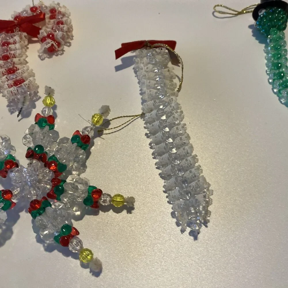 10 Vintage Handmade Plastic Beaded Wire Christmas Ornament Lot Angel Snowflake